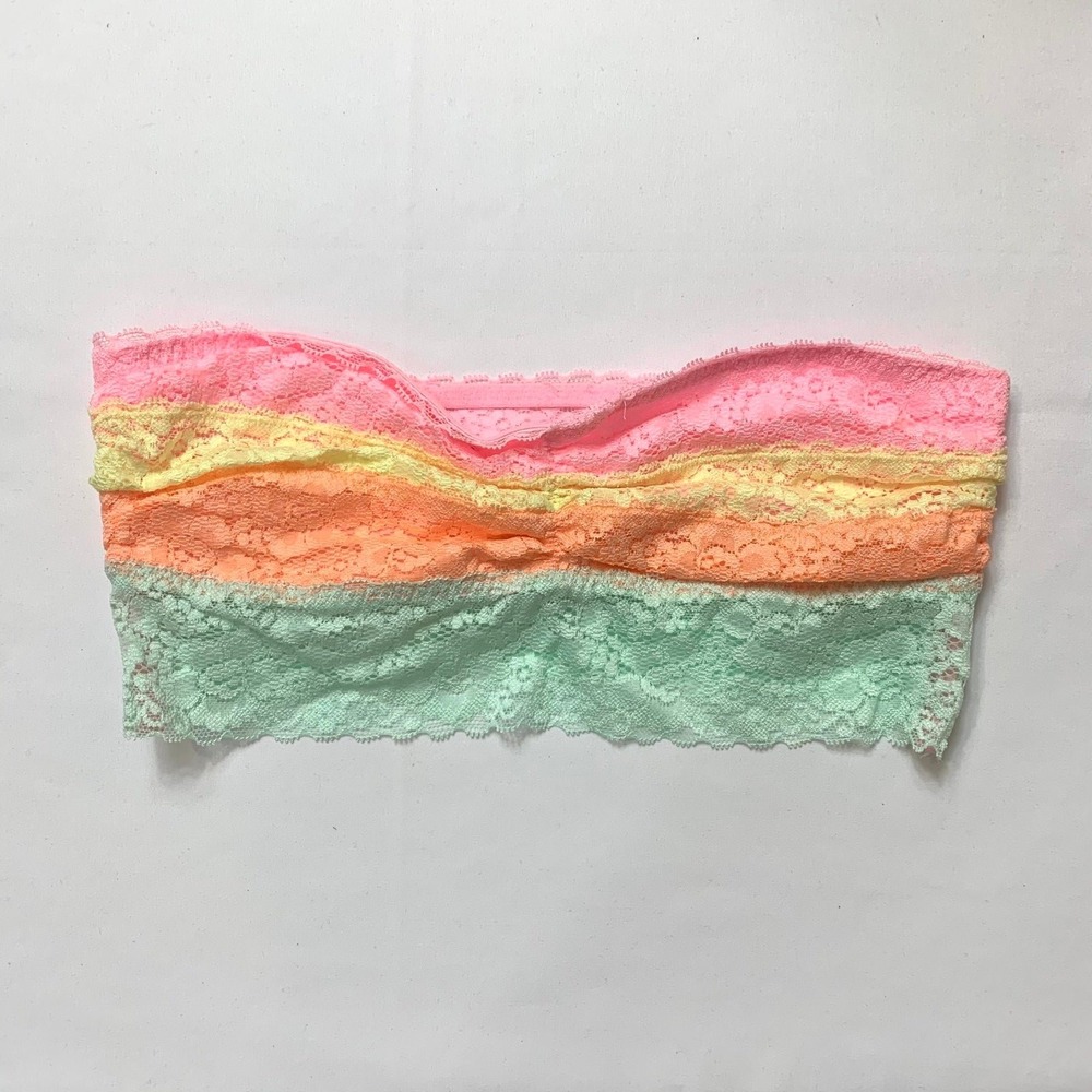 NWT Victoria's Secret PINK Lace Bandeau Bra Neon Striped Strapless Small